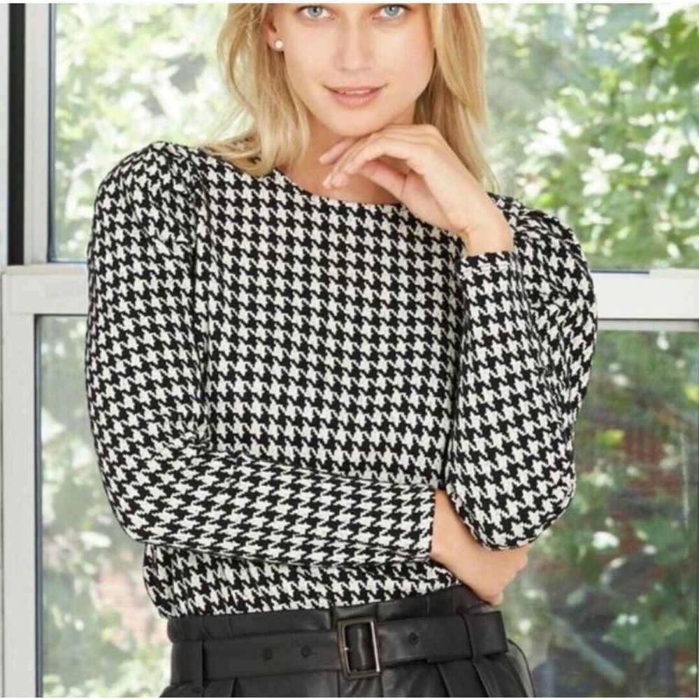 Who What Wear Womens Houndstooth Puff Sleeve Top Black White Long Sleeve Size XS